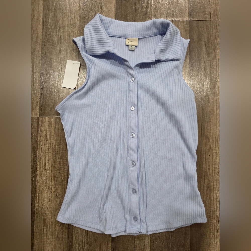 Nwt A NEW DAY TARGET ribbed Collared Sleeveless Shirt Pastel Blue Preppy Busines - Picture 8 of 9